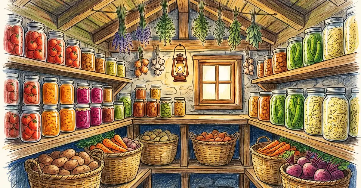 Pencil crayon illustration of a homestead pantry filled with rows of canned jars, baskets of root vegetables, dried herbs hanging from rafters