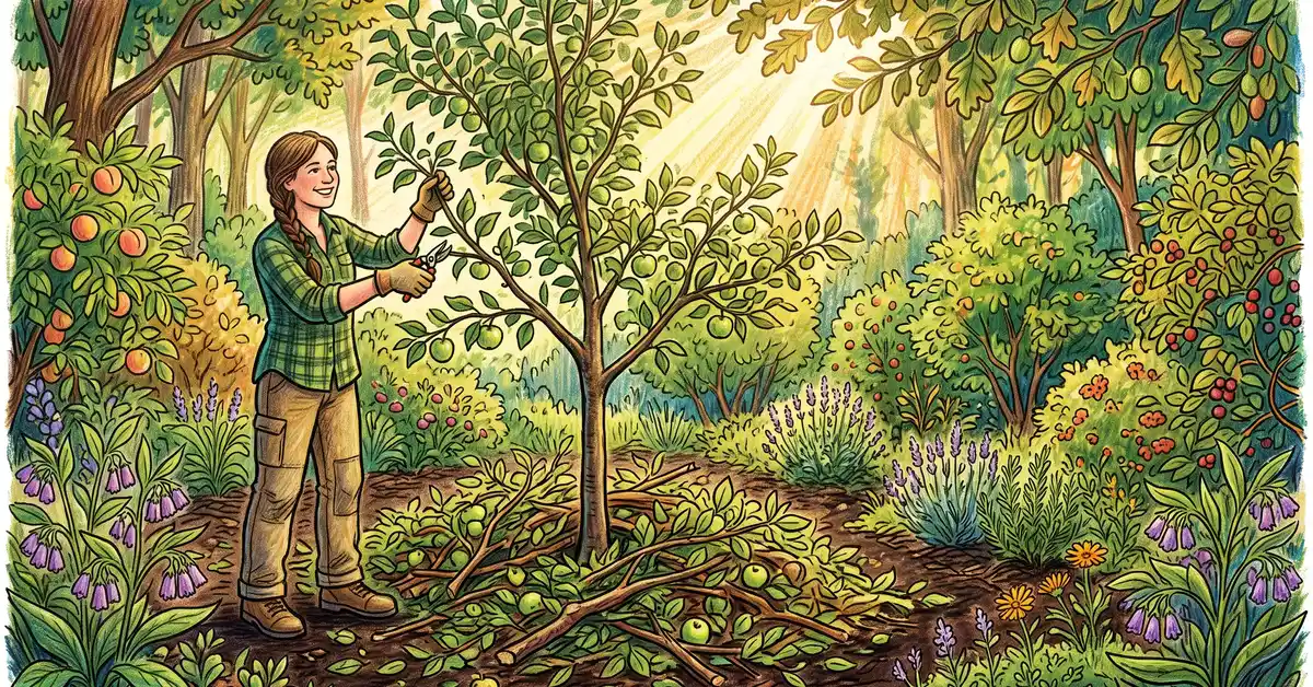 Pencil-crayon illustration of a homesteader pruning a young apple tree with branches piled as chop-and-drop mulch and comfrey growing in the lit understory