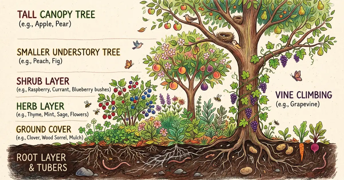 Pencil-crayon cross-section diagram of a 7-layer food forest showing canopy tree, sub-canopy, shrub, herb, ground cover, vine, and the underground root layer with tubers below soil line