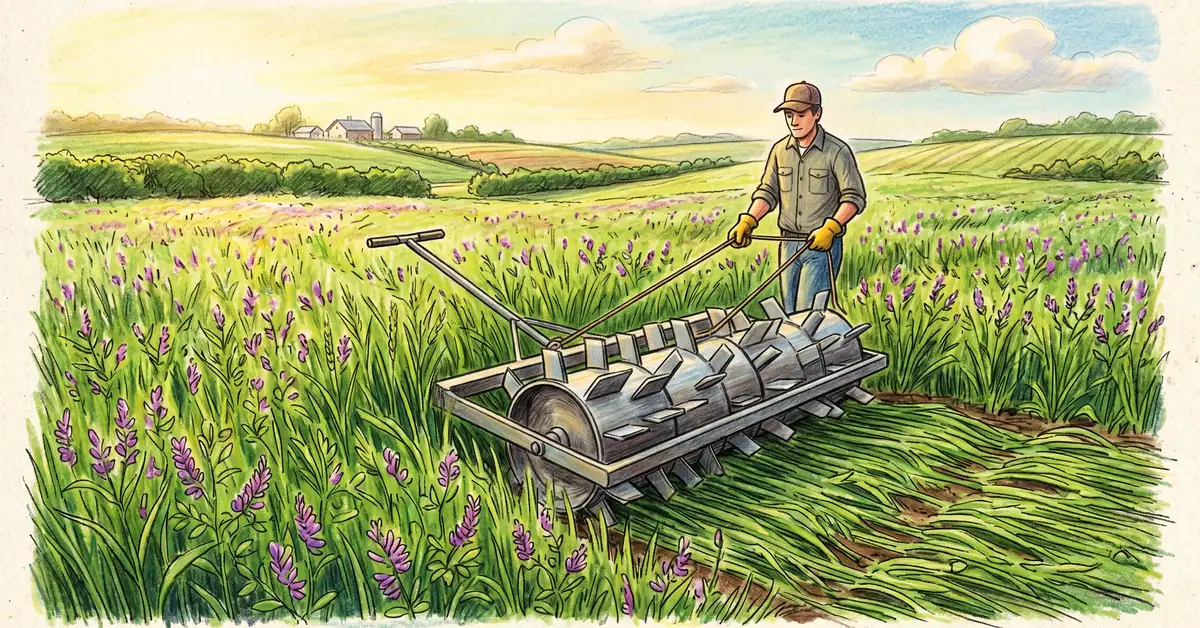 Pencil-crayon illustration of a manual roller-crimper tool with metal blades flattening a winter rye and hairy vetch cover crop in a single pass as the Rodale Institute organic no-till method