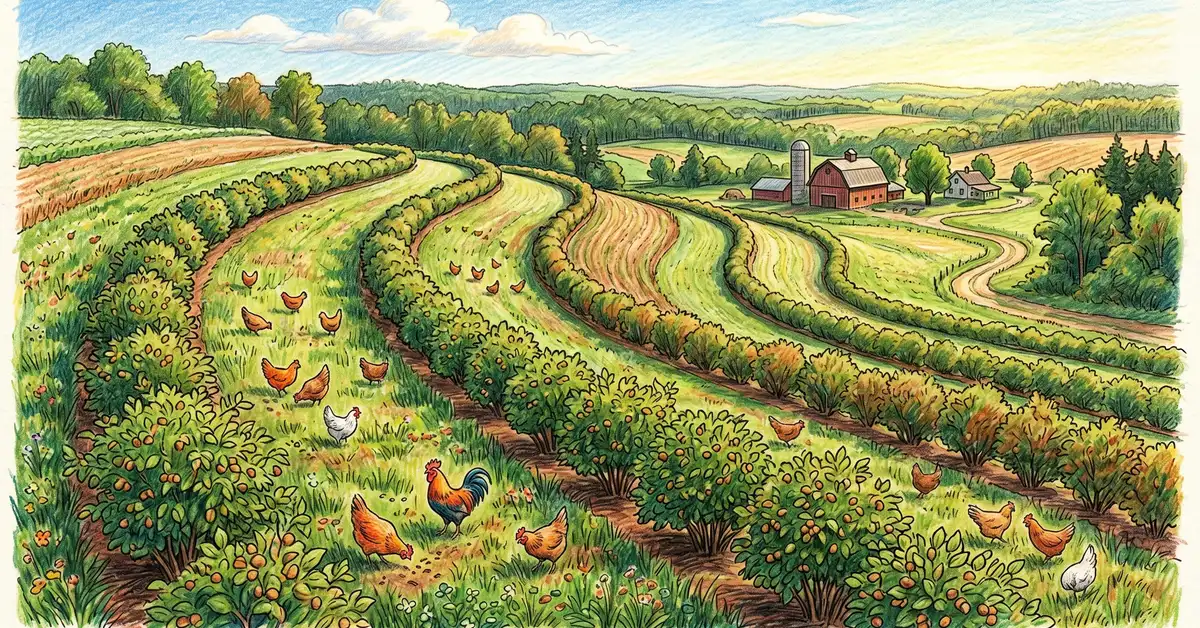 Pencil crayon illustration of a Mark Shepard style keyline hazelnut alley cropping system on Wisconsin farmland