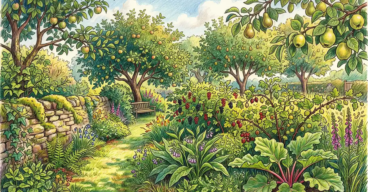 Pencil crayon illustration of a mature British forest garden with apple, pear, and quince trees and a stone wall