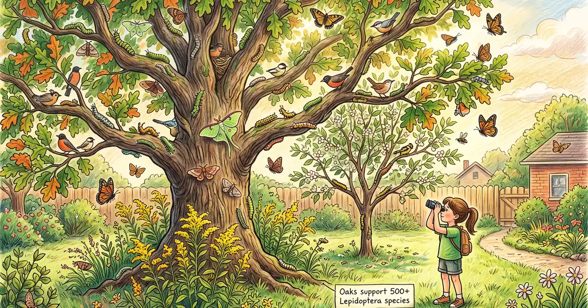 Pencil-crayon illustration of a mature oak tree with many caterpillars, moths, butterflies, and birds; a child watches with binoculars