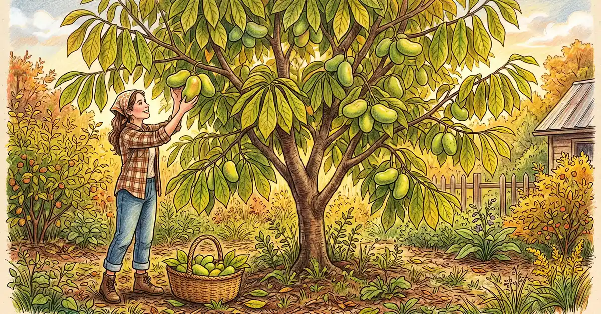 Pencil-crayon illustration of a mature 20 ft pawpaw tree in a US homestead food forest in autumn with heavy clusters of fruit and a homesteader harvesting