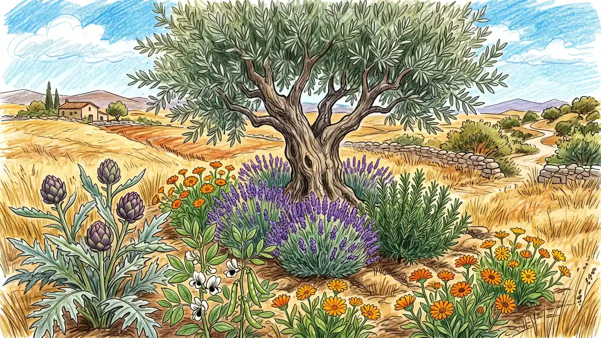 Mediterranean climate olive tree guild in summer with rosemary, lavender, calendula, artichoke, fava beans