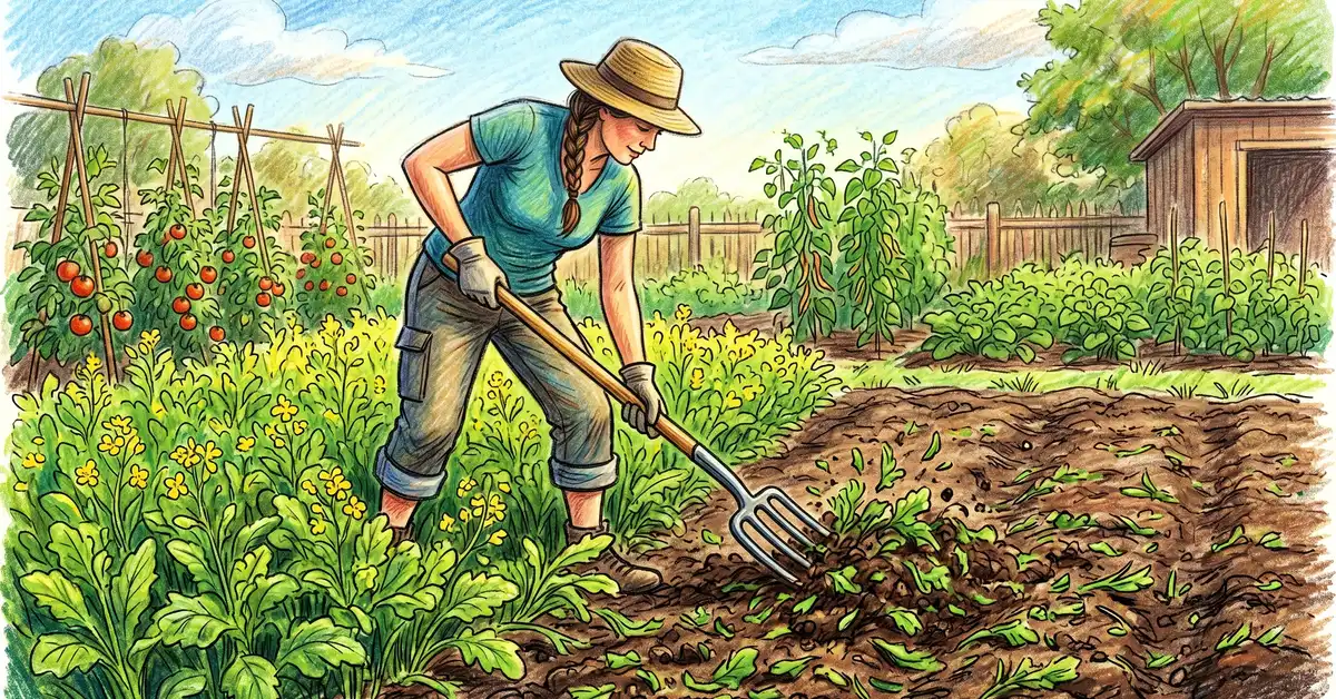 Pencil-crayon illustration of a mustard cover crop being incorporated into garden soil as the biofumigation method with green leaves being chopped and tilled in