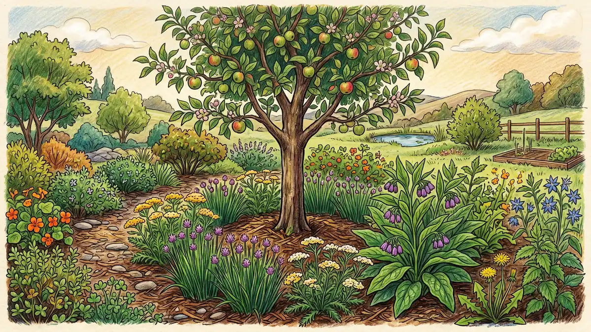 Pencil crayon illustration of a permaculture apple tree guild with chives and yarrow ringing the base of a young apple tree