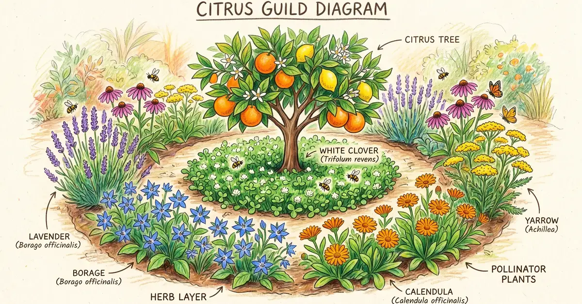 Pencil-crayon diagram of a permaculture citrus guild showing a central citrus tree with concentric rings of white clover, borage, calendula, and pollinator plants