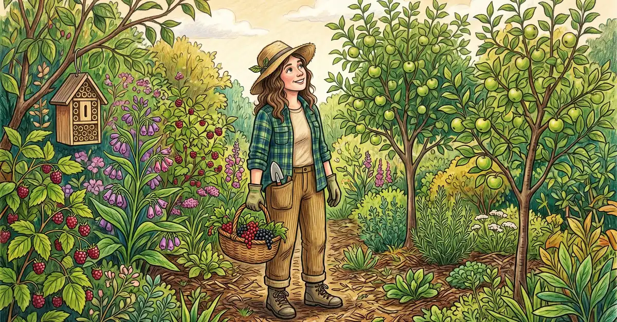 A thoughtful gardener standing in front of her year 5 food forest holding a basket of currants