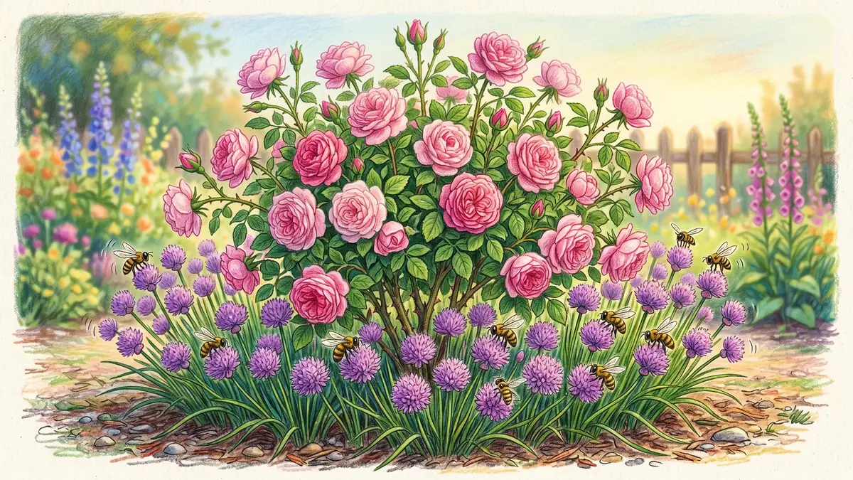 Pencil crayon illustration of a pink rose bush with a planted ring of flowering chives at its base, bees and hoverflies on the flowers