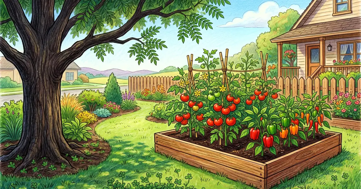 Pencil-crayon illustration of a raised bed garden positioned at distance from a black walnut tree with thriving tomatoes and peppers demonstrating the mitigation strategy