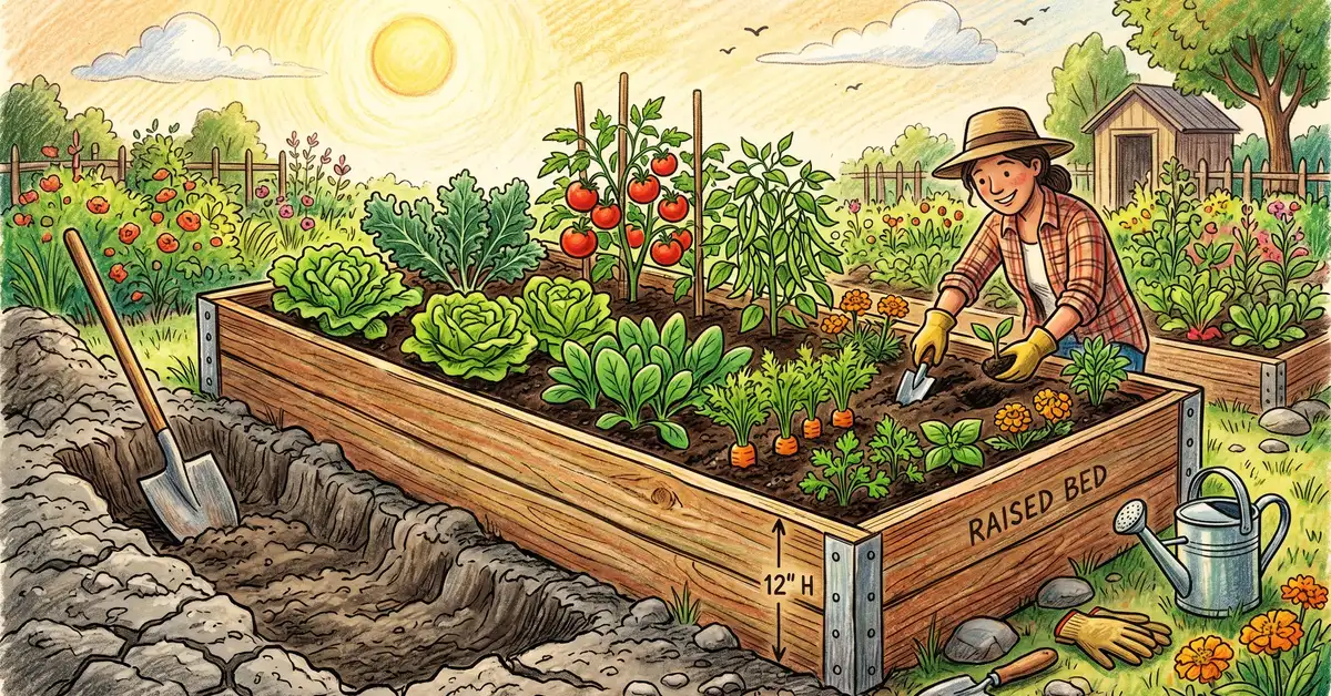 Pencil-crayon illustration of a raised bed garden being built with elevated wooden sides 12 inches tall to overcome poor drainage in heavy clay soil with healthy vegetables growing