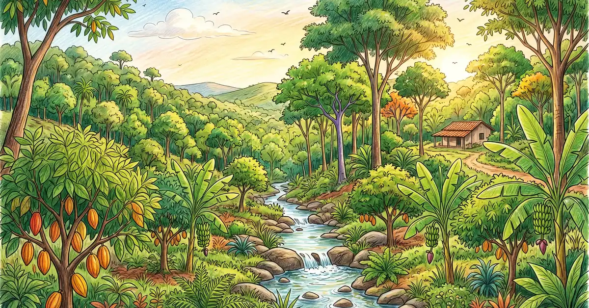 Pencil-crayon illustration of a recovered tropical landscape with a small spring flowing through a restored agroforest surrounded by cocoa trees, bananas, and tall canopy trees