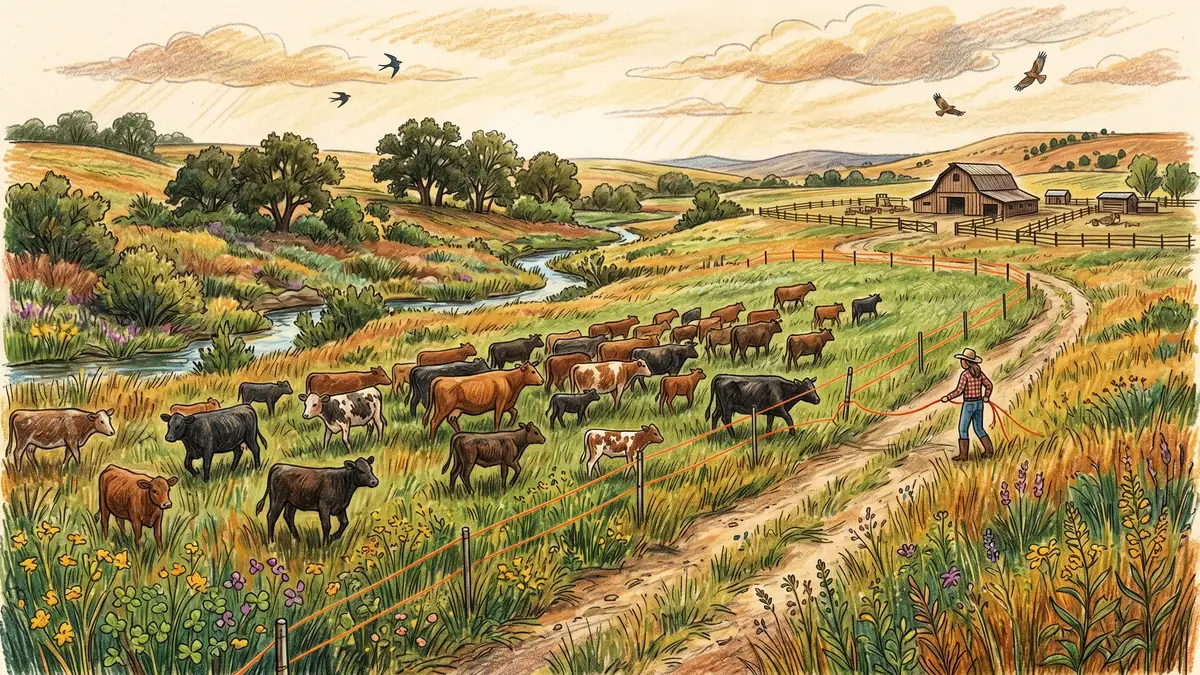 Pencil crayon illustration of a regenerative US ranch with mixed-species pasture and cattle being moved with portable electric fence