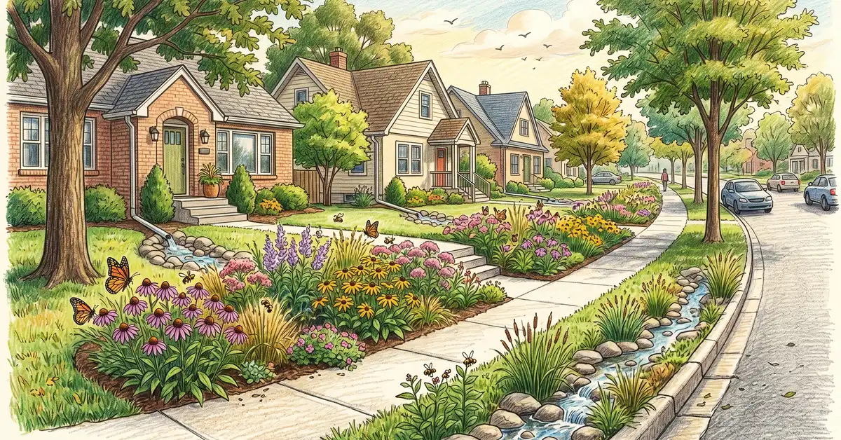 A residential US street with three connected rain gardens and a curbside bioswale catching runoff