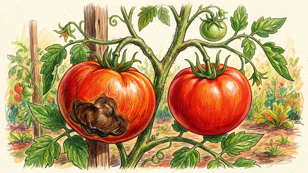 Pencil crayon illustration of a ripe red tomato showing blossom end rot next to a healthy whole tomato on the vine