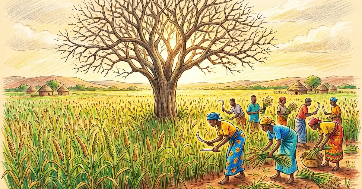 Pencil-crayon illustration of a single Faidherbia albida tree in the middle of a millet field in Niger with bare branches during the rainy season letting sunlight reach the crops