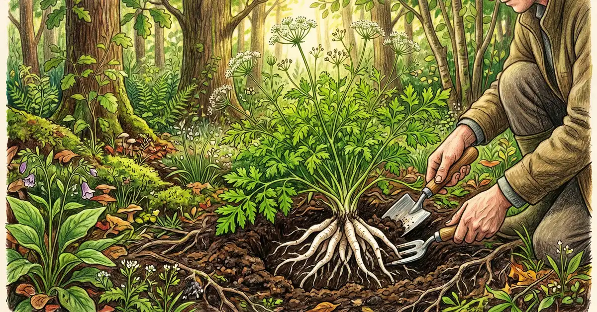 Pencil-crayon illustration of a skirret plant being dug from rich soil under dappled tree shade with white finger-like sweet roots visible