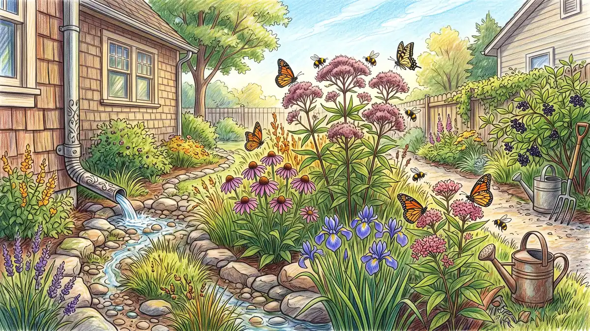 Pencil-crayon illustration of a small backyard rain garden with elderberry, swamp milkweed, blue flag iris, joe pye weed catching downspout runoff