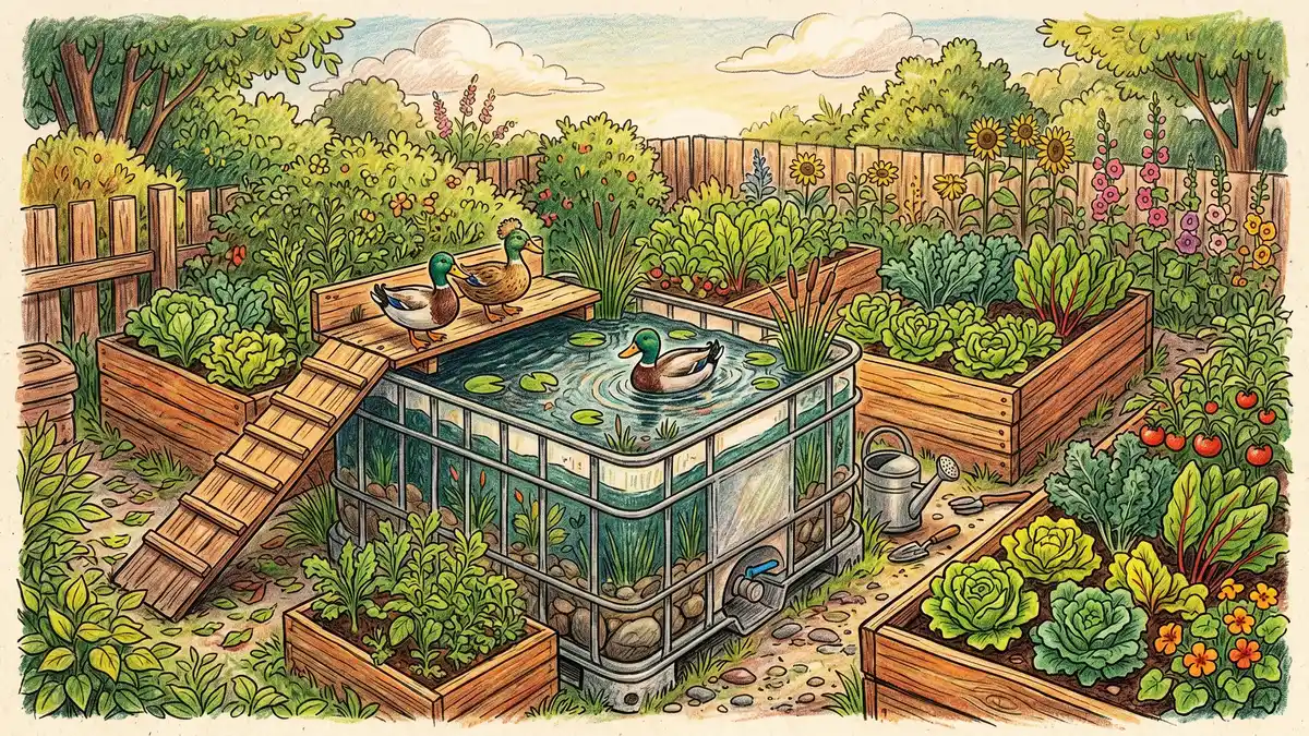 Pencil crayon illustration of a small backyard with an IBC tote converted into a duck pond with 2 ducks swimming, raised garden beds nearby