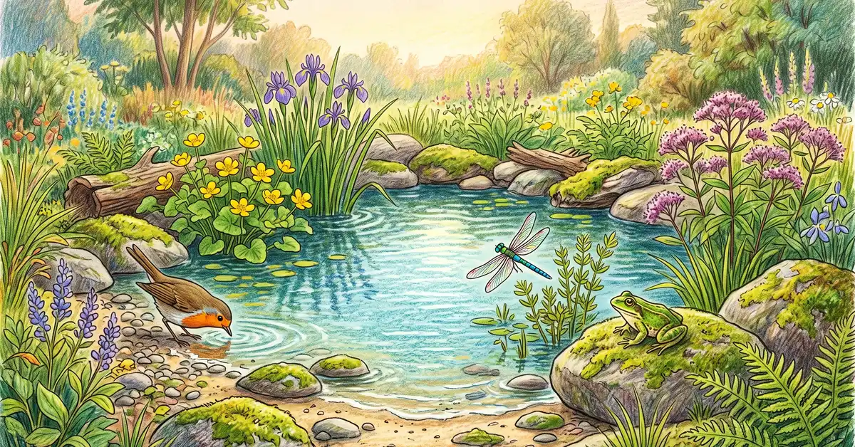 Pencil-crayon illustration of a small backyard wildlife pond about 6 ft across with blue flag iris, marsh marigold, joe pye weed, a frog, and a dragonfly