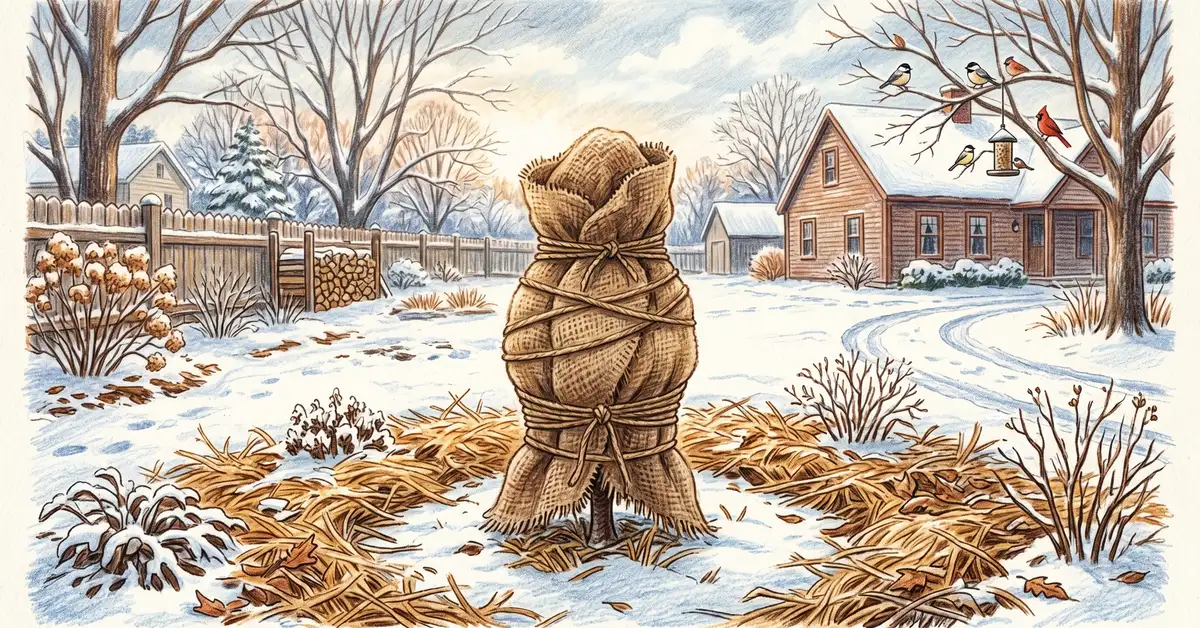Pencil crayon illustration of a small fig tree wrapped in burlap for winter in a snowy Northeast US backyard