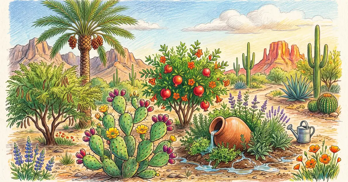 Pencil-crayon illustration of a Sonoran Desert Arizona edible landscape with date palms, prickly pear cactus, pomegranate, mesquite tree, and a small olla irrigation jar buried among herbs