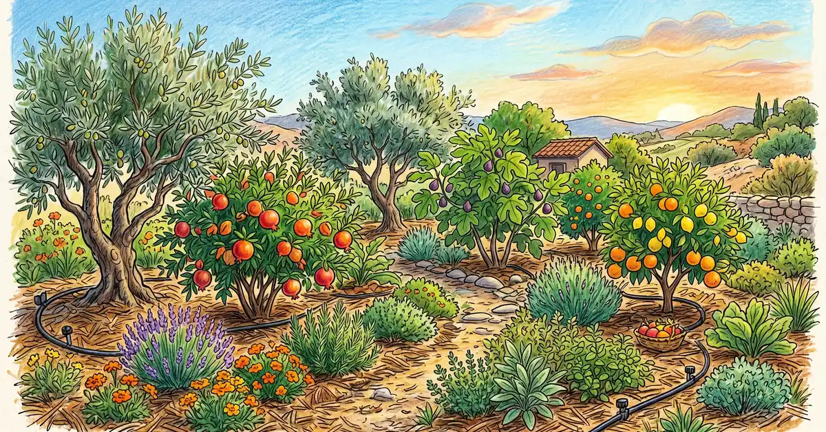 Pencil-crayon illustration of a southern California Mediterranean-climate food forest with olive trees, pomegranates, figs, citrus, herbs, and drip irrigation lines, dry mulched soil