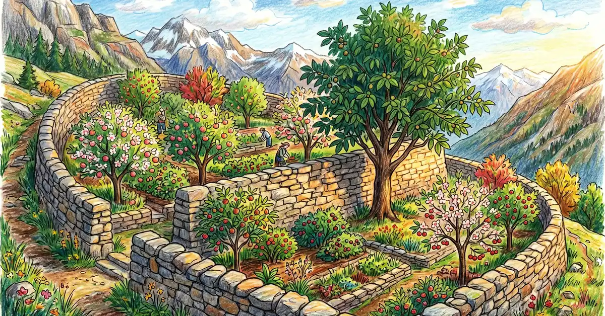 Pencil-crayon illustration of a stone-walled cold-climate alpine orchard with cherry trees, apple trees, and a Carpathian walnut growing in the lee of warm stone walls demonstrating microclimate fruit production