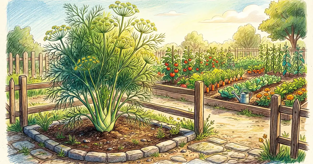 Pencil-crayon illustration of a tall fennel plant with feathery green foliage growing alone in a separate corner bed away from a vegetable garden showing isolation
