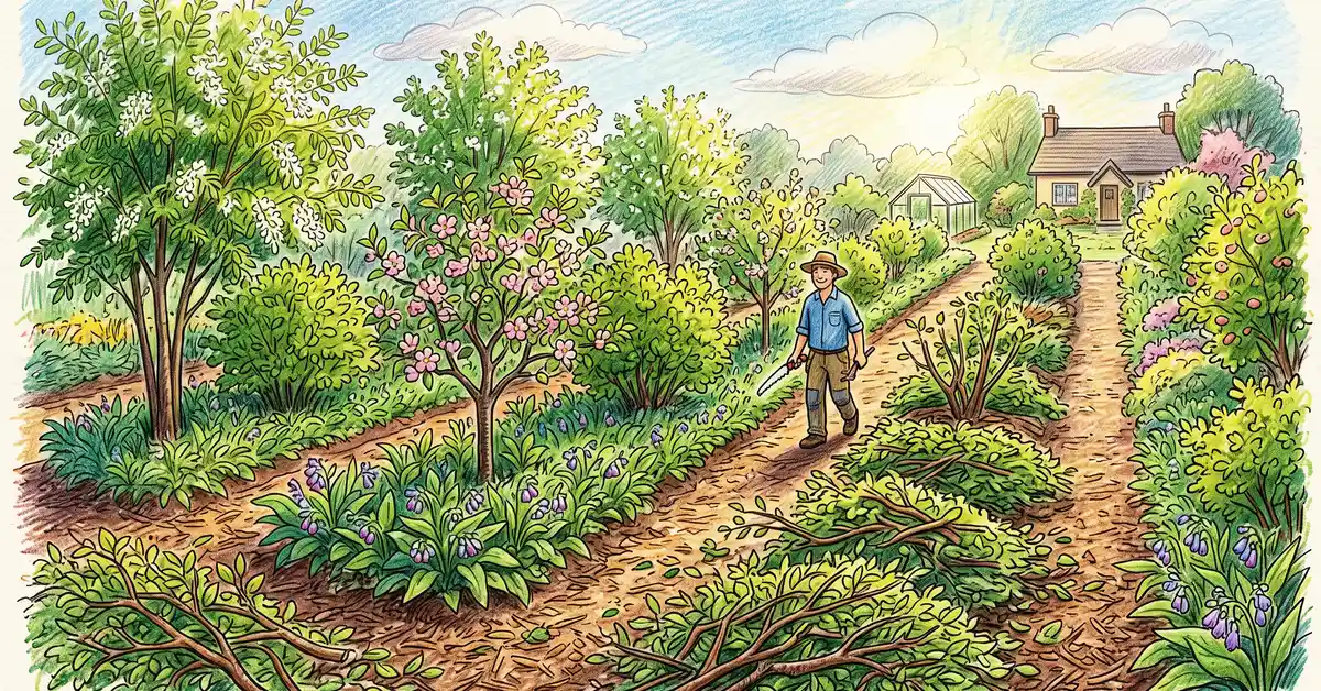 Pencil-crayon illustration of a temperate syntropic backyard with rows of black locust, apple, hazelnut, and comfrey, 12 ft row spacing, with recent pruning piles