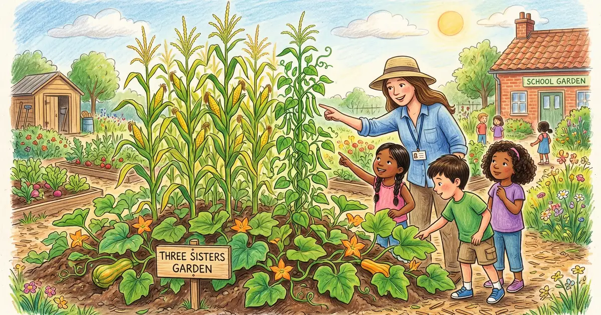Pencil-crayon illustration of a Three Sisters garden bed with corn, climbing beans, and squash with children learning from a teacher