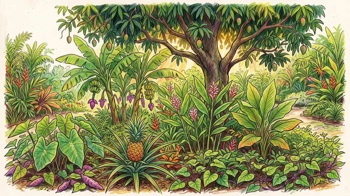 Tropical permaculture guild with mango tree, banana, taro, sweet potato, ginger, turmeric, pineapple