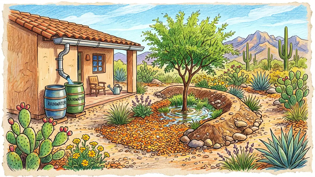 Pencil crayon illustration of a Tucson backyard with rainwater harvesting earthworks, a young mesquite tree in a boomerang berm, rain barrels off the house roof