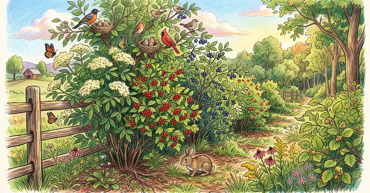 Pencil-crayon illustration of a US backyard hedgerow corridor with elderberry, viburnum, serviceberry, dogwood, and hazelnut, with birds and butterflies