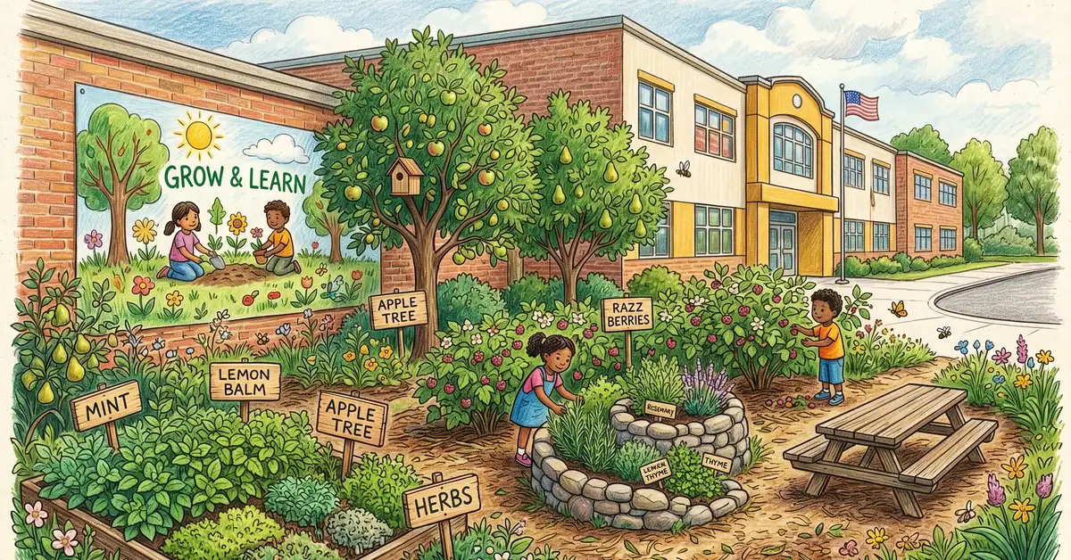 A mature school food forest with apple and pear trees, raspberry rows, and a herb spiral along a US elementary school exterior wall