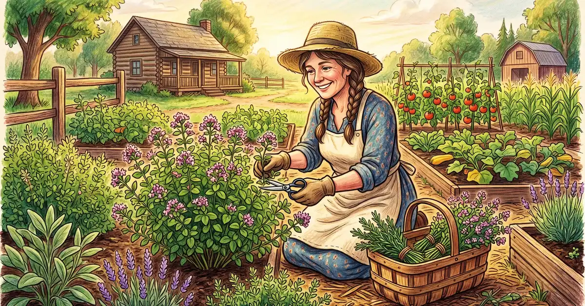 A US homesteader trimming a flowering oregano plant in her herb garden