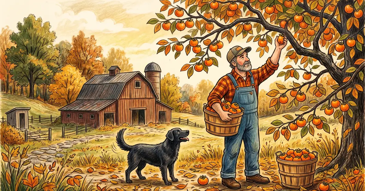 A homesteader harvesting ripe persimmons into a wooden basket in late autumn