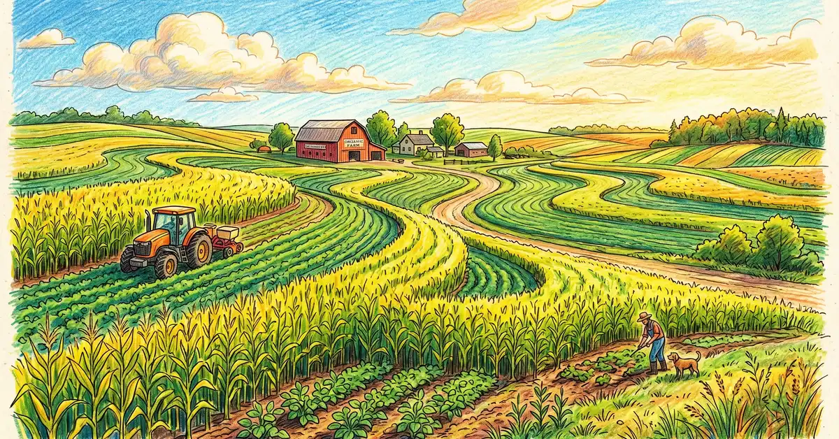 Pencil-crayon illustration of a US Midwest organic farm using strip intercropping with wide alternating strips of corn and soybeans across a contour demonstrating modern regenerative agricultural intercropping at scale