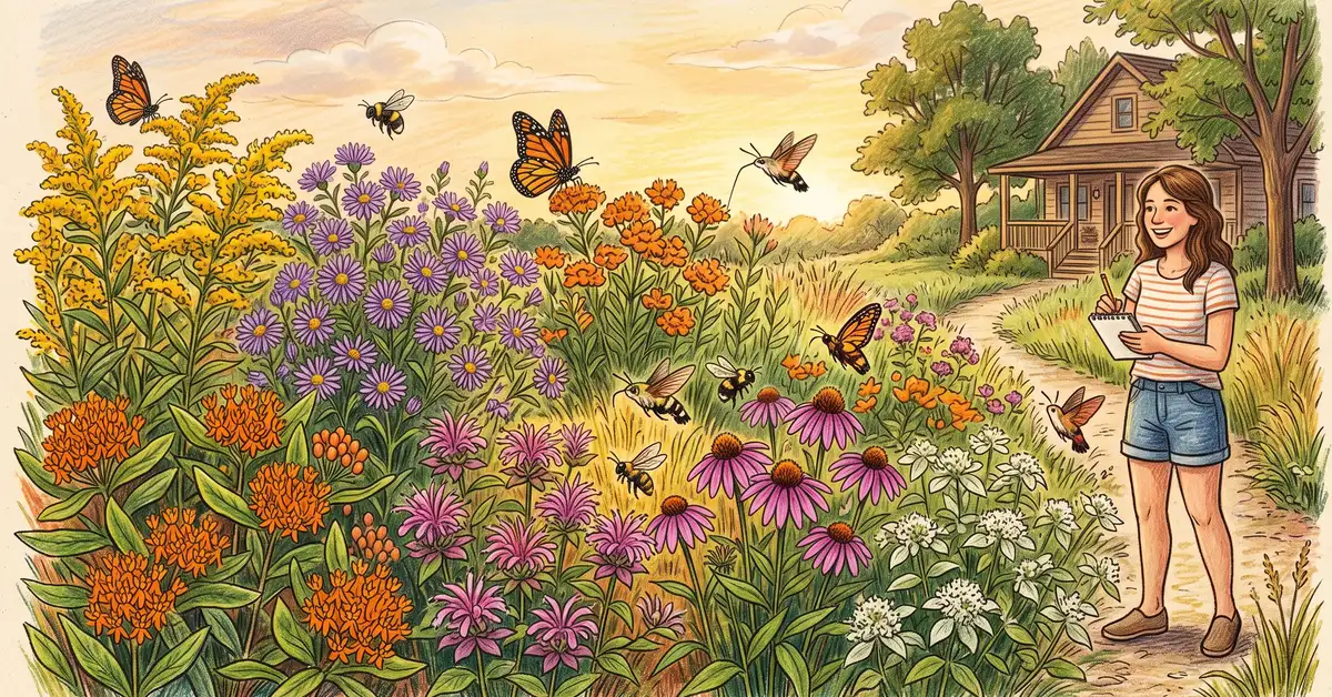 Pencil-crayon illustration of a US native pollinator strip with goldenrod, asters, milkweed, bee balm, coneflower, and mountain mint, with butterflies and bees