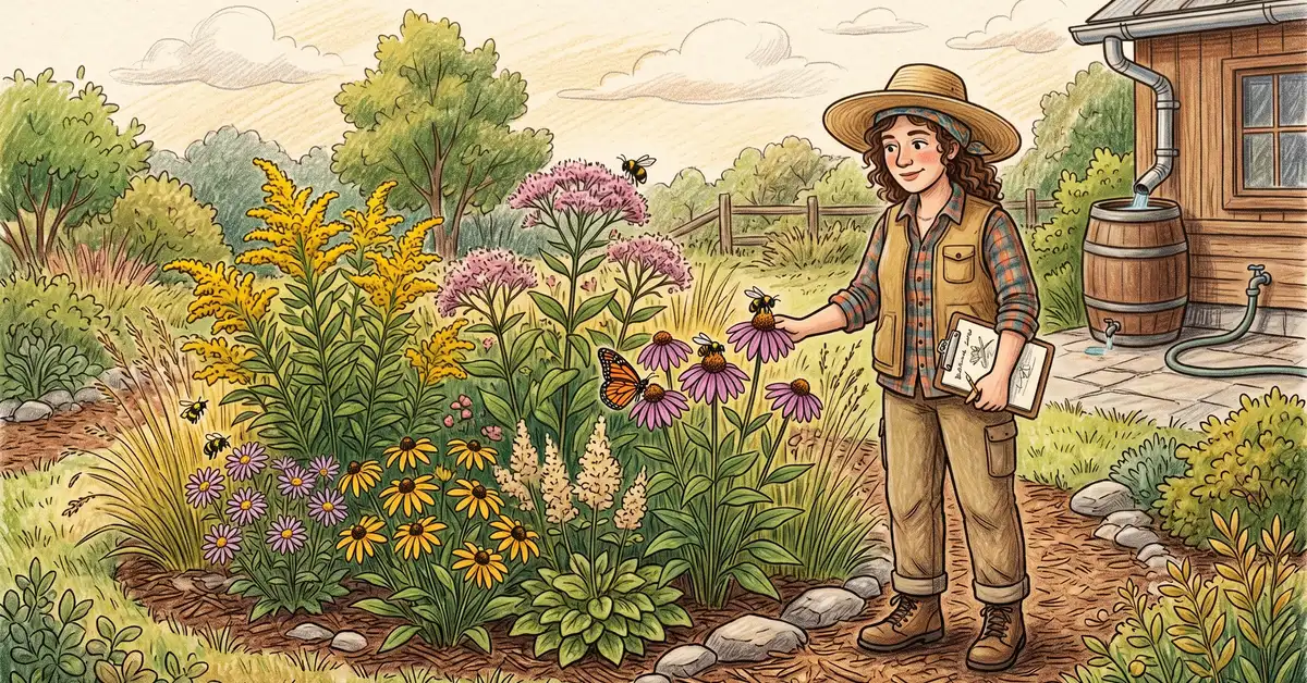 A US permaculture gardener observing a fully established rain garden with notebook in hand in late summer