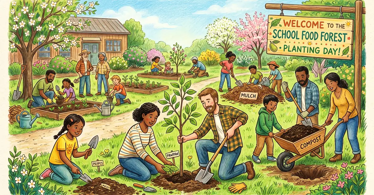 A school food forest planting day with parents teachers and children working together to plant a young pawpaw tree