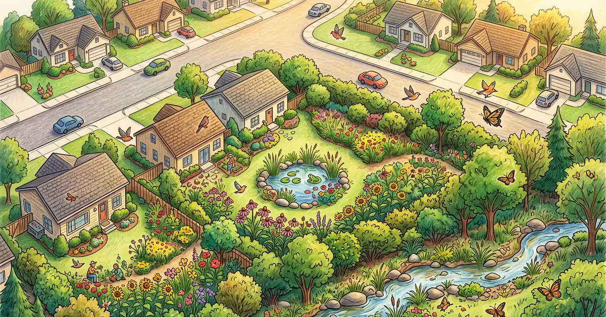 Pencil-crayon overhead view of a US suburban neighborhood with connected backyard wildlife corridors linking hedgerows, pollinator strips, a riparian creek, and a small pond