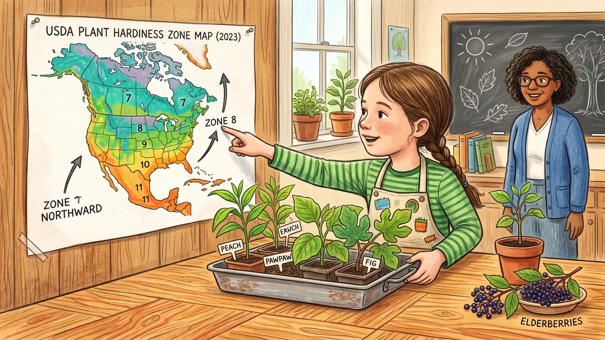 Pencil-crayon illustration of a USDA plant hardiness zone map shifting north with a tray of climate-adapted seedlings