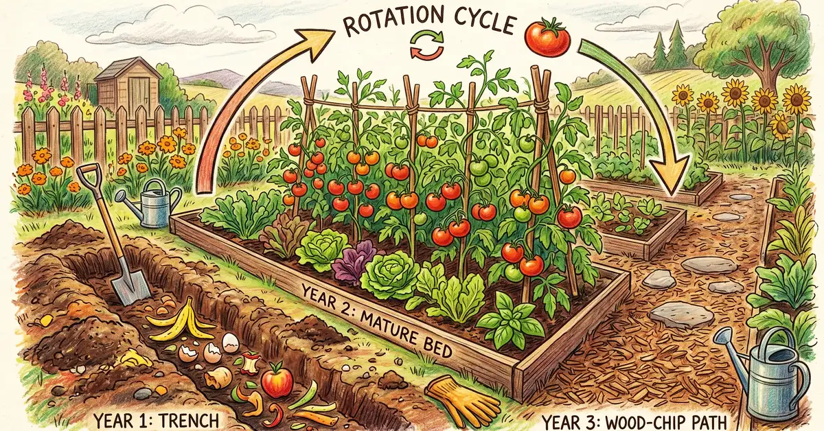 Pencil crayon illustration of the English three-year trench composting rotation: active trench row, mature growing row, and path row
