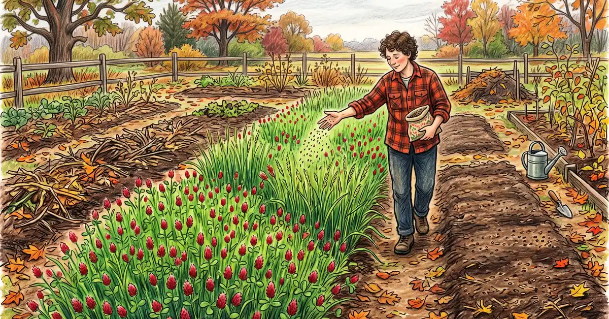 Pencil-crayon illustration of a vegetable garden with a winter cover crop of crimson clover and winter rye between rows and a gardener broadcasting seed by hand