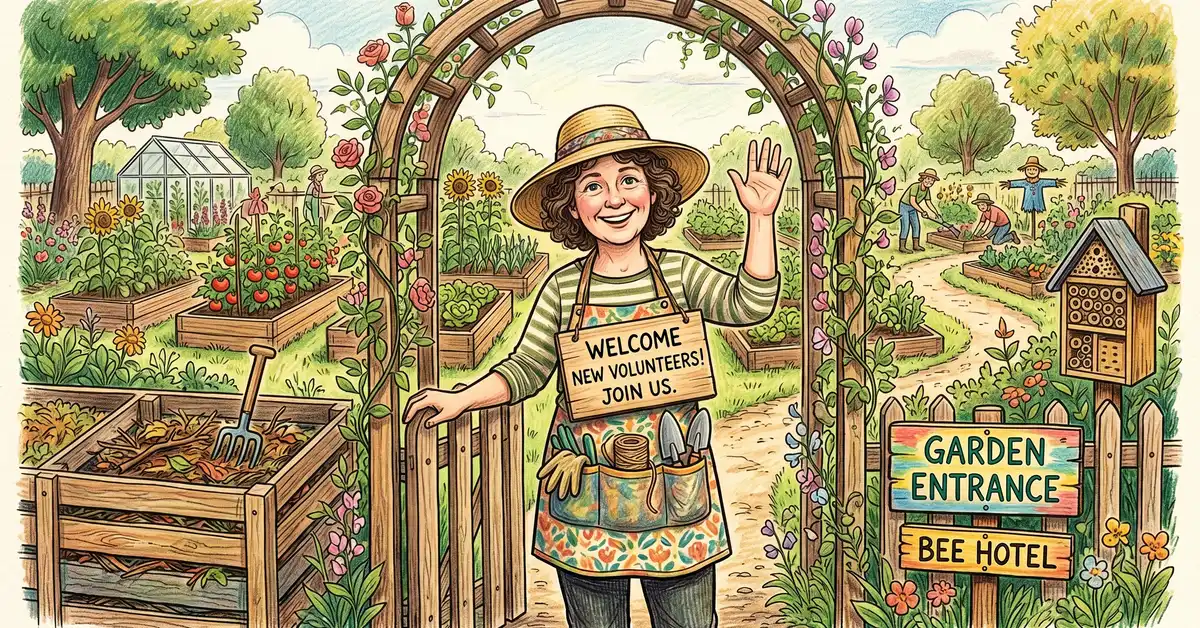 A friendly weekend gardener welcoming new volunteers to a community permaculture project entrance