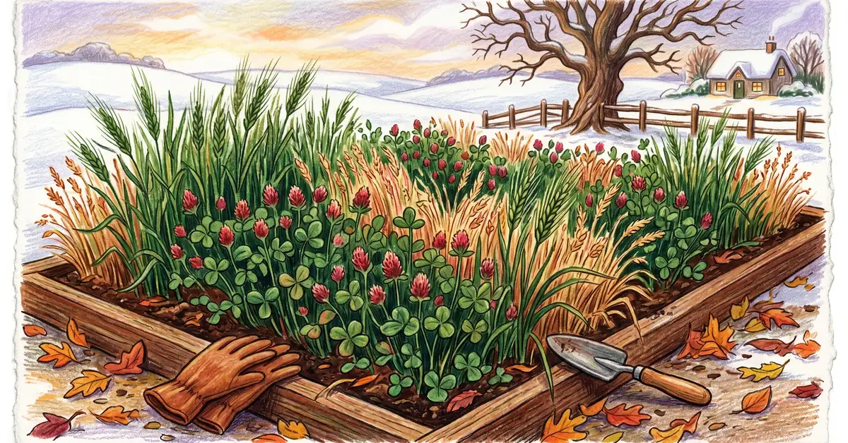 Winter cover crop garden bed with crimson clover and winter rye building soil organic matter.