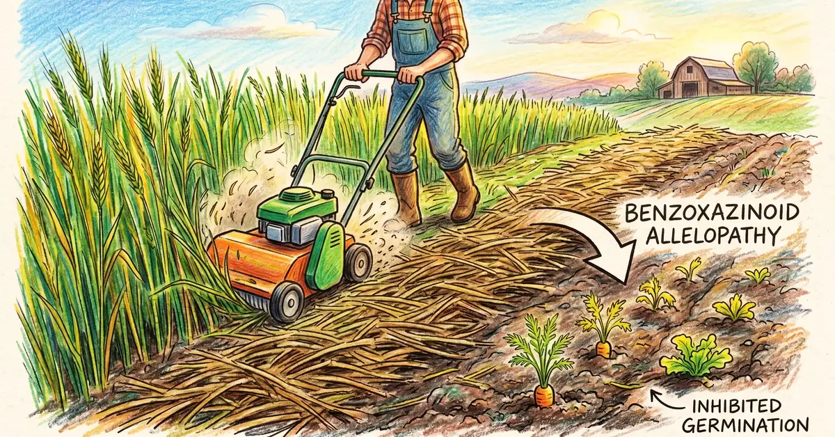 Pencil-crayon illustration of a winter rye cover crop being mowed with cut residue lying on the soil and small lettuce seedlings unable to germinate showing benzoxazinoid allelopathy