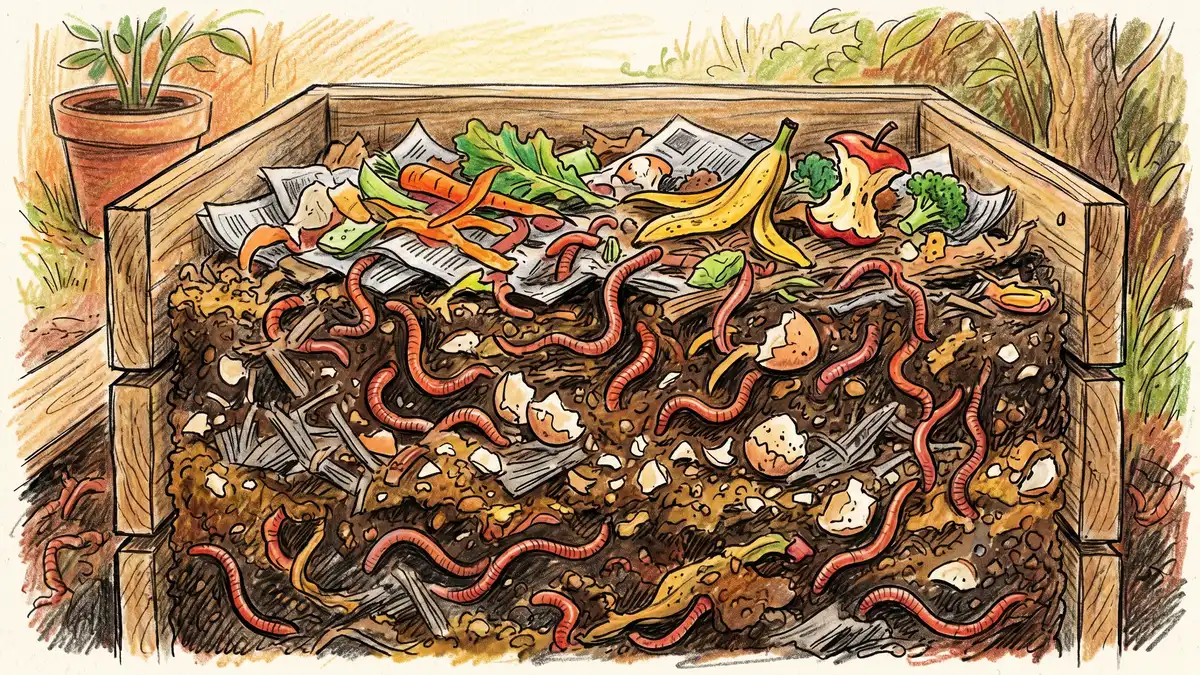 Pencil crayon illustration of a worm bin cross-section showing red wiggler worms in dark compost bedding with scattered crushed eggshell pieces